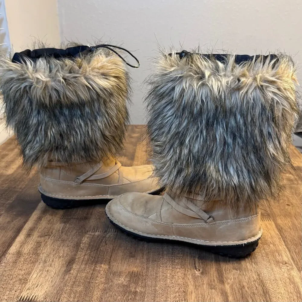 Sorel Ahnah Boots Leather Faux Fur Winter Waterproof Pull On Tan Women’s 8.5